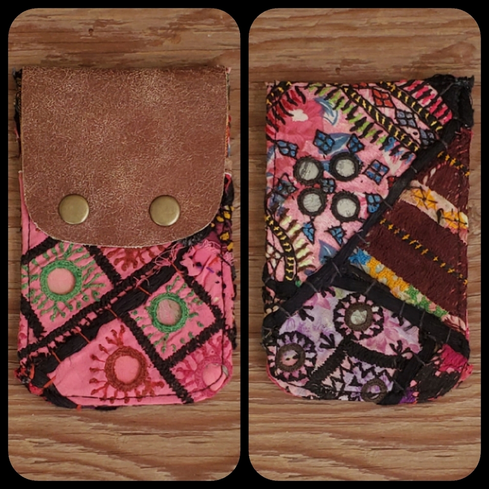 🕺🥂 Free People Boho Embroidered Repurposed vtg banjara hippie Wallet card case